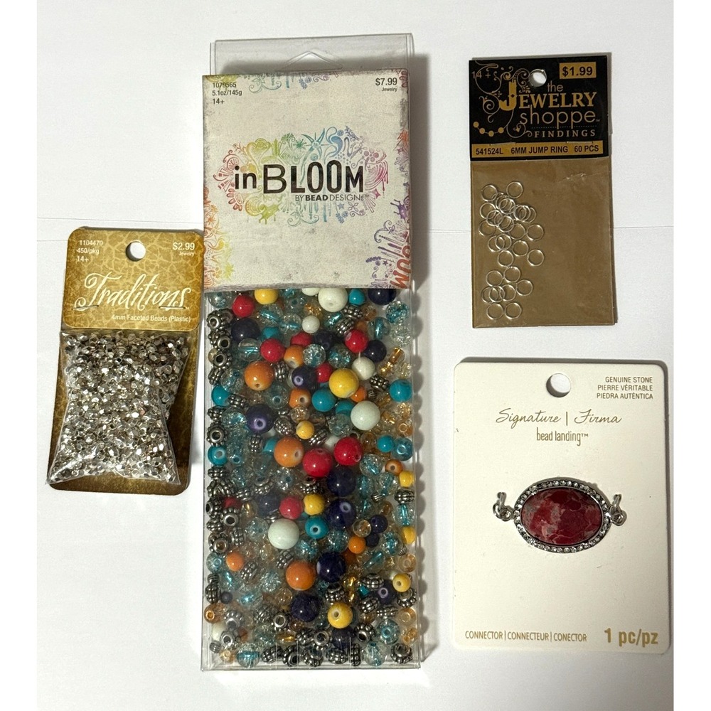 New NWT Lot of 4 Items Jewelry Making Glass Beads Metal Plastic Stone Jump Rings